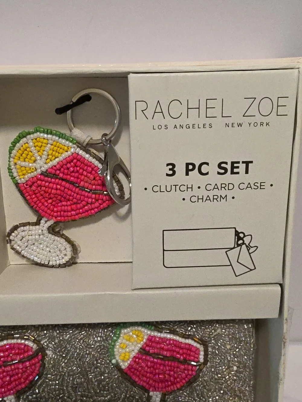 Rachel Zoe Silver Beaded Cocktail Clutch Set with Pink Cocktail Motifs Brand New